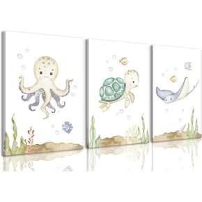 Wodkwq Ocean Nursery Decory ، Decorder Gall Decore ، Decord Bathroom Decord ، Under the Sea ، Boys Room Sea Animal Wall Art Picture Canvas مجموعة من 3 ، غرفة نوم 16x24in مؤطرة