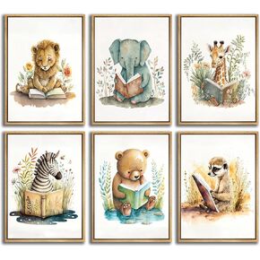 GKQNMU 6Pcs Safari Animal Nursery Wall Art Watercolor Jungle Animal Wall Decor pictures Prints Posters nimal reading book Canvas Paintings for Cute modern baby boy and girl toddler decoration Unframed