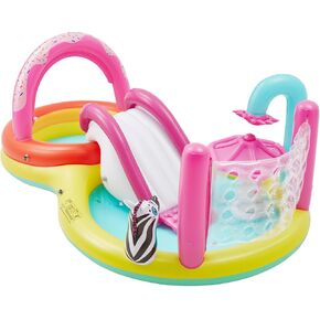 مسبح kiddie القابل للنفخ مع شريحة مائية ، 110 "× 66" × 40 "لعب ألعاب المياه الصيفية ممتعة للأطفال ، ألعاب المياه في الهواء الطلق للأطفال الصغار مع الرشاشات ، رنين إرم والكرة