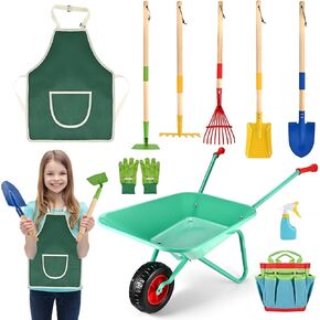 Goldge 10pcs Kids Gardening Tool Set - لعبة WheelBarrow Outdoor مع مجرفة ، أشعل النار ، تظاهر أدوات الحفر بالأعشاب الضارة ، لعب الفناء الخلفي للأطفال الصغار ، الأولاد ، الفتيات. عيد ميلاد مثالي أو هدية عيد الحب للأعمار من 3 إلى 5 سنوات
