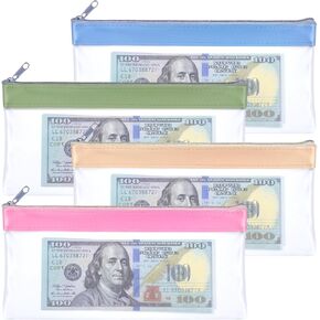 4 Pieces Money Bags with Zipper, Cash Envelopes Bag, Money Envelopes for Cash, 7.6 X 3.7 Inch Money Pouch, Clear Bank Deposit Bags, Coin Bag for Collectors, Multi-Purpose Check Wallet