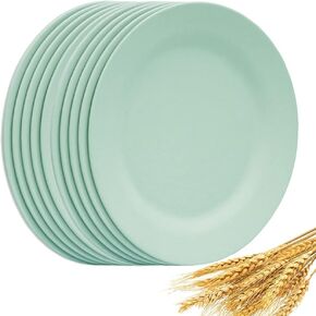 NA Set of 10 Large Dinner Plates 11 Inch, Reusable Wheat Straw Dessert Dishes, Round Pasta Salad Serving Plate, Unbreakable Kids Fiber Tableware for Party Steak Pizza (Pink)