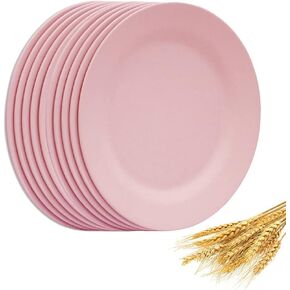 NA Set of 10 Large Dinner Plates 11 Inch, Reusable Wheat Straw Dessert Dishes, Round Pasta Salad Serving Plate, Unbreakable Kids Fiber Tableware for Party Steak Pizza (Pink) in Kuwait