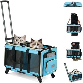 MILADA Cat Carrier Soft with Wheels for 2 Cats Soft Cat Carrier with Handle Foldable Double-Compartment Rolling Pet Carrier for Travel Dog Crate Hiking Shopping and Camping（Not for Air Travel）,Orange