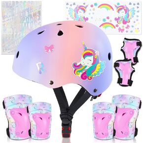 Kids Helmet, Toddler Bike Helmet with DIY Stickers Unicorn Knee Pads and Elbow Pads Set Adjustable Protective Gear Set for Girls Age 3-5-8 Years fit Roller Skates, Bicycle, Skateboarding, Scooter