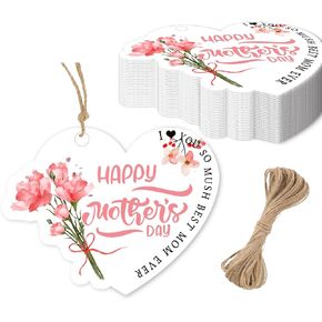 100 Pcs Happy Mother's Day Heart Gift Tags 2 Inches Happy Mother's Day Hanging Paper Tags with String Floral Mothers Day Labels for Mother's Day Gift Wrap Party Favor Decorations