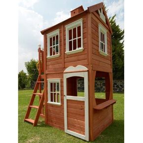 Sportspower Double Decker 2-Story Wooden Outdoor Backyard Playhouse مع النوافذ وصناديق الزهور ، Brown (WP-521R)