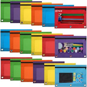18 Pack Pency Pouch for 3 Binder Ring Binder ، حقيبة قلم رصاص مع سحاب ونافذة صافية ، أكياس تخزين تنظيم الموثق للمستلزمات المكتبية (6 ألوان)