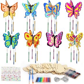 GISGFIM 8 Pack 3D Butterfly Wind Chime Crafts Makes My Your Butterfly Wind Chime Wooden DIY Rubling Crafts Decoration for Birthday School School Class -Active Art Project Supplies Gift