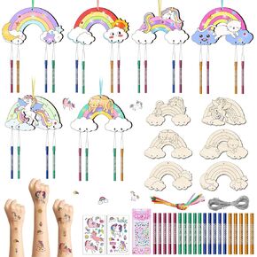12 Pack Rainbow Wind Chime Kit for Kids Make Your Own Rainbow Horse Cat Wind Chime Wooden Arts for Kids Wooden Ornaments DIY Coloring Horse Craft for Art School Activity Birthday Party Supplies