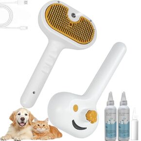 pet spray hair removal comb，cat steam brush，steam brush for dogs，with 2 Waterless Shampoo,One-Click Bath Brush for Haired Pets(Yellow)