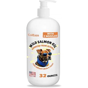 Salmon Oil for Dogs & Cats, 32oz. Omega 3 & 6 Liquid Fish Oil, Vitamin D, EPA + DHA Fatty Acids for Skin & Coat Joint Supplement, Helps Dry Skin & Allergies, Add to Food, with 2 Pumps