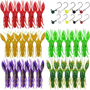 Crawfish Fishing Soft Plastic Lures with Ned Jig Head Kit, Soft Plastic Swimbaits Bass Fishing Lures in Saltwater Freshwater, 35 Pcs Soft Fishing Bait Lure Kit with Glitter(25Pcs-5 Colors)