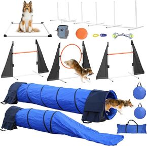Agility Training Equipment for Dogs,Dog Agility Equipment for Backyard & Indoor Training-Professional Backyard Course with Adjustable Jumps, Collapsible Tunnel, Storage Bags & Toys