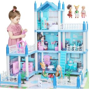 Doll House for Girls 6 7 8 Year Old - 3-Story 6 Rooms Dollhouse with 3 Dolls Light Accessories Furniture and Play Mat, DIY Pretend Dream Dollhouse Toy Gift for Kids (20.5'' x 16'' x 18.7'')