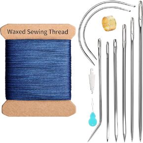Repair Sewing Kit, Upholstery Needle and Thread Kit with 32 Yard Waxed Thread and 8 Pcs Heavy Duty Leather Needles for Hand Stitching, Canvas & Quilting - 0.55mm Round Waxed Thread Black