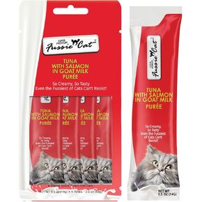 تونة Fussie Cat Premium مع سمك السلمون في هريس حليب الماعز ، وعلاج قطة لعق ، حزمة 0.5 أوقية من 4