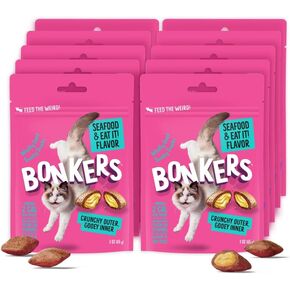Bonkers Cat Treats Seafood & Eat It! Flavor 3 OZ, Cat Treats, Treats for Training, for All Breeds and Ages, Food Topper, Resealable Pouch (10 Pack)