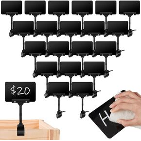 20 Pack Clip Holder Chalkboard Sign Price Tag with Rotating Clip Display Sign Plastic Rotatable Clamp Erasable Blackboard Double Head Holder for Supermarket Retail Merchandise Shelf, Black
