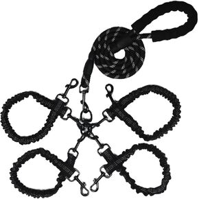 الكلب المزدوج المقاود ، حبل bungee أربعة مقود مع مقبض مبطن قابل للإزالة لـ 4 كلاب ، مقابض خالية من التشابك ، مبطنة ، التحكم الدوار 360 درجة (أسود 5 طريقة)