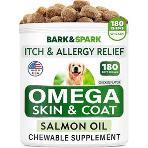 Bark & ​​Spark Omega 3 للكلاب - يعالج زيت السمك للكلاب - مكملات الجلد والمعطف - حمض EPA و DHA الدهني - زيت السلمون والسردينين - الدواجن والتونة - 180 سي (0.5 رطل)