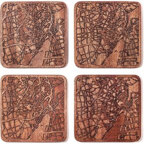 Copenhagen Map Coaster بواسطة O3 Design Studio ، مجموعة من 4 ، Sapele Wooden Coaster مع خريطة المدينة ، المصنوعة يدويًا