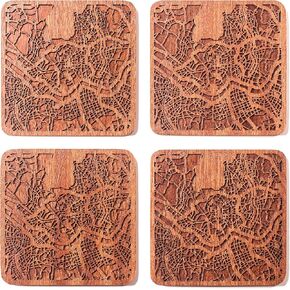 Seoul Map Coaster by O3 Design Studio ، مجموعة من 4 ، Sapele Wooden Coaster مع خريطة المدينة ، المصنوعة يدويًا