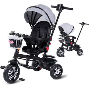 Baby Tricycle, 6-in-1 Kid Stroller Tricycle for Toddler, Baby Trike with Guardrail, Rotatable Seat, Push Handle, Cover, Toys for Girl Boy Gift Outdoor Activities