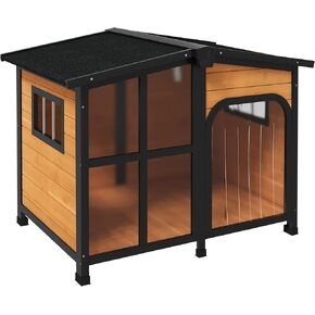 PawHut Cabin-Style Wooden Dog House for Large Dogs Outside with Openable Roof & Giant Window, Big Dog House Outdoor & Indoor, Asphalt Roof, Gray