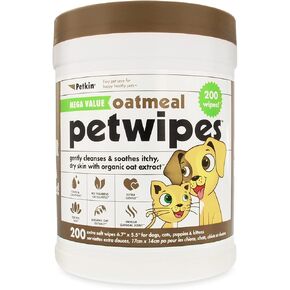 Petkin Mega Petwipes ، 200 مناديل - مناديل الحيوانات الأليفة من دقيق الشوفان للكلاب والقطط ، والاستخدام على الوجه ، والفك