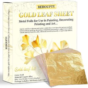 REHOUPTY 100pcs Imitation Gold Leaf Sheets, 5.5 x 5.5 Inches Gold Foil Sheets for Arts Painting Gilding Crafting Decoration, Metal Foils for Art & DIY Projects, Picture Frames and Interior Decoration