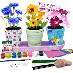 مجموعة طلاء Pinwheel Crafts Plower Pott-قم برسم مجموعة البستنة الخاصة بك مع البذور والتربة و 8 دهانات وفرشين و 3 أواني-مجموعة البستنة DIY للأطفال الذين تتراوح أعمارهم بين 4-8