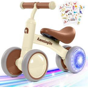 Colorful Lighting Baby Balance Bike, 10-24 Months Toddler Bike with 4 Silence Wheels and 3 Cartoon Stickers, First for 1-2 Year Old