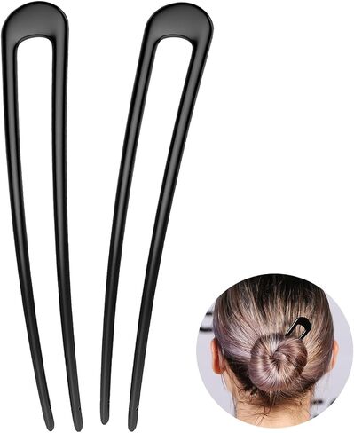 الشعر الفرنسي دبابيس الشعر المعدنية شوكة u على شكل طويل جدا chignon 2 شق العصي للنساء ملحقات الشعر (أسود- 2 قطعة) in Kuwait