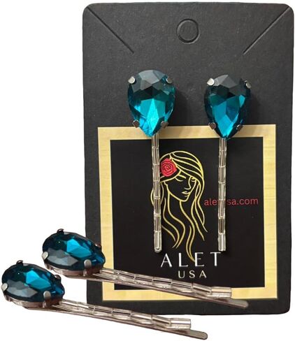 2 pcs ALET USA Hairpins - Embellished Crystal Rhinestones and Glass Beads (Dark Aquamarine on Silver) in Saudi Arabia