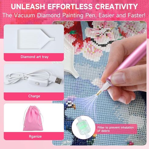 Electric Diamond Painting Pen, Diamond Art Accessories No Wax Needed, E-Painter Vacuum Pen for Diamond Painting with Storage Tray, Diamond Art Pens Tools, Quiet and Stable (Pink) in Kuwait