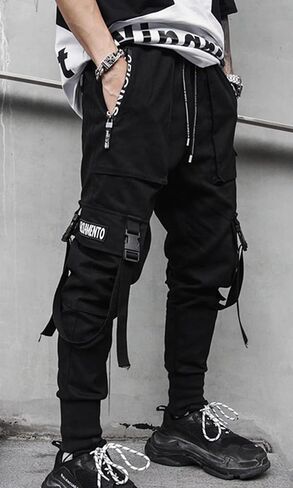 Men's Jogger Pants Punk Cargo Baggy Techwear Hip Hop Harem Pants Streetwear Tactical Track Pants Black White-21 Small in Kuwait