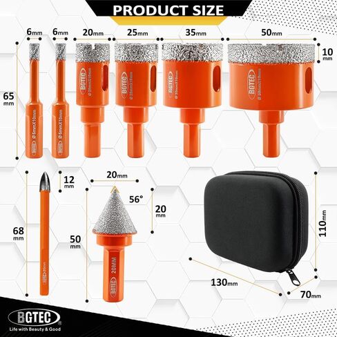 Diamond Core Drill Bit Kit BGTEC Hole Saw Tile Cutter for Porcelain Tile Ceramic Marble Brick, 8pcs Triangle Shank 6/6/20/25/35/50mm+20mm Diamond Chamfer Finger Bit+6mm Carbide Tip Drill Bits in Saudi Arabia