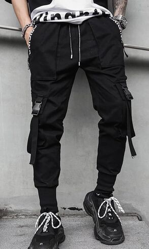 Men's Jogger Pants Punk Cargo Baggy Techwear Hip Hop Harem Pants Streetwear Tactical Track Pants Black White-21 Small in Kuwait