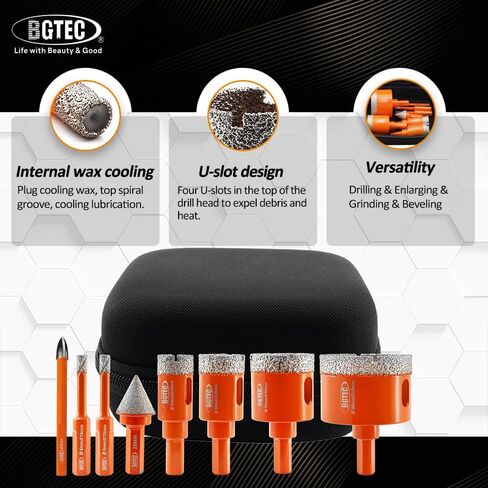 Diamond Core Drill Bit Kit BGTEC Hole Saw Tile Cutter for Porcelain Tile Ceramic Marble Brick, 8pcs Triangle Shank 6/6/20/25/35/50mm+20mm Diamond Chamfer Finger Bit+6mm Carbide Tip Drill Bits in Saudi Arabia