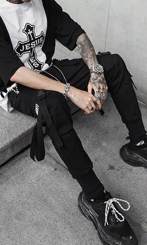 Men's Jogger Pants Punk Cargo Baggy Techwear Hip Hop Harem Pants Streetwear Tactical Track Pants Black White-21 Small in Kuwait