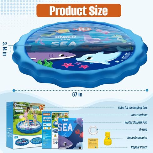 Splash Pad “Under The Sea", Toddler Outdoor Toys Spray Water for Aged 3+, Kids Outside Sprinkler Cooling Play Mat for Learning, Summer Fun for Boys & Girls in Yards (67 inch, Blue) in Saudi Arabia