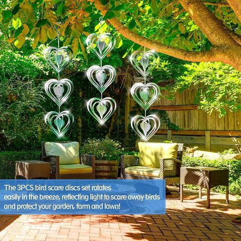 3PCS Heart Bird Scare Discs Set,Double-Sided Bird Reflectors,Highly Reflective Wind Spinners Bird Devices to Scare Birds Away from Yards Outdoor Garden Decor in Saudi Arabia