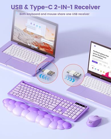 لوحة مفاتيح وماوس لاسلكي من سيندا مع مسند معصم سحابي، لوحة مفاتيح لطيفة كاملة الحجم مع حامل هاتف، مستقبل USB A&Type C، اتصال لاسلكي لأجهزة Mac/Windows/PC، وردي فاقع in Kuwait