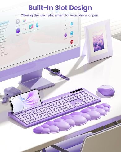 لوحة مفاتيح وماوس لاسلكي من سيندا مع مسند معصم سحابي، لوحة مفاتيح لطيفة كاملة الحجم مع حامل هاتف، مستقبل USB A&Type C، اتصال لاسلكي لأجهزة Mac/Windows/PC، وردي فاقع in Kuwait