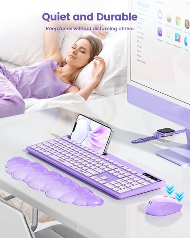 لوحة مفاتيح وماوس لاسلكي من سيندا مع مسند معصم سحابي، لوحة مفاتيح لطيفة كاملة الحجم مع حامل هاتف، مستقبل USB A&Type C، اتصال لاسلكي لأجهزة Mac/Windows/PC، وردي فاقع in Kuwait