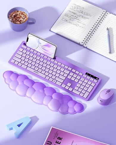 لوحة مفاتيح وماوس لاسلكي من سيندا مع مسند معصم سحابي، لوحة مفاتيح لطيفة كاملة الحجم مع حامل هاتف، مستقبل USB A&Type C، اتصال لاسلكي لأجهزة Mac/Windows/PC، وردي فاقع in Kuwait