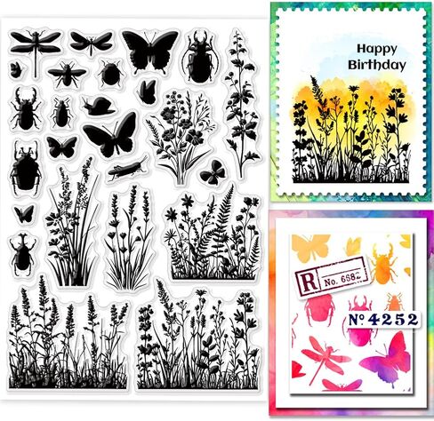 Globleland Plant and Flower Silhouettes Clear Stamps للبطاقات التي تصنع الفراشة و Dragonfly Clear Stamp Seals طوابع شفافة لألبوم DIY Scrapbooking Abrum Journal Home Decoration in Saudi Arabia