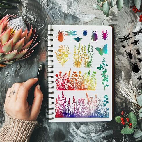 Globleland Plant and Flower Silhouettes Clear Stamps للبطاقات التي تصنع الفراشة و Dragonfly Clear Stamp Seals طوابع شفافة لألبوم DIY Scrapbooking Abrum Journal Home Decoration in Saudi Arabia