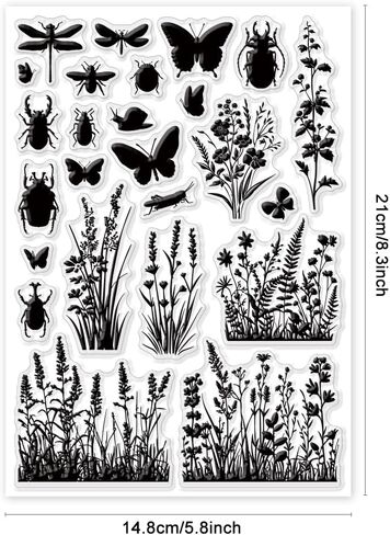 Globleland Plant and Flower Silhouettes Clear Stamps للبطاقات التي تصنع الفراشة و Dragonfly Clear Stamp Seals طوابع شفافة لألبوم DIY Scrapbooking Abrum Journal Home Decoration in Saudi Arabia